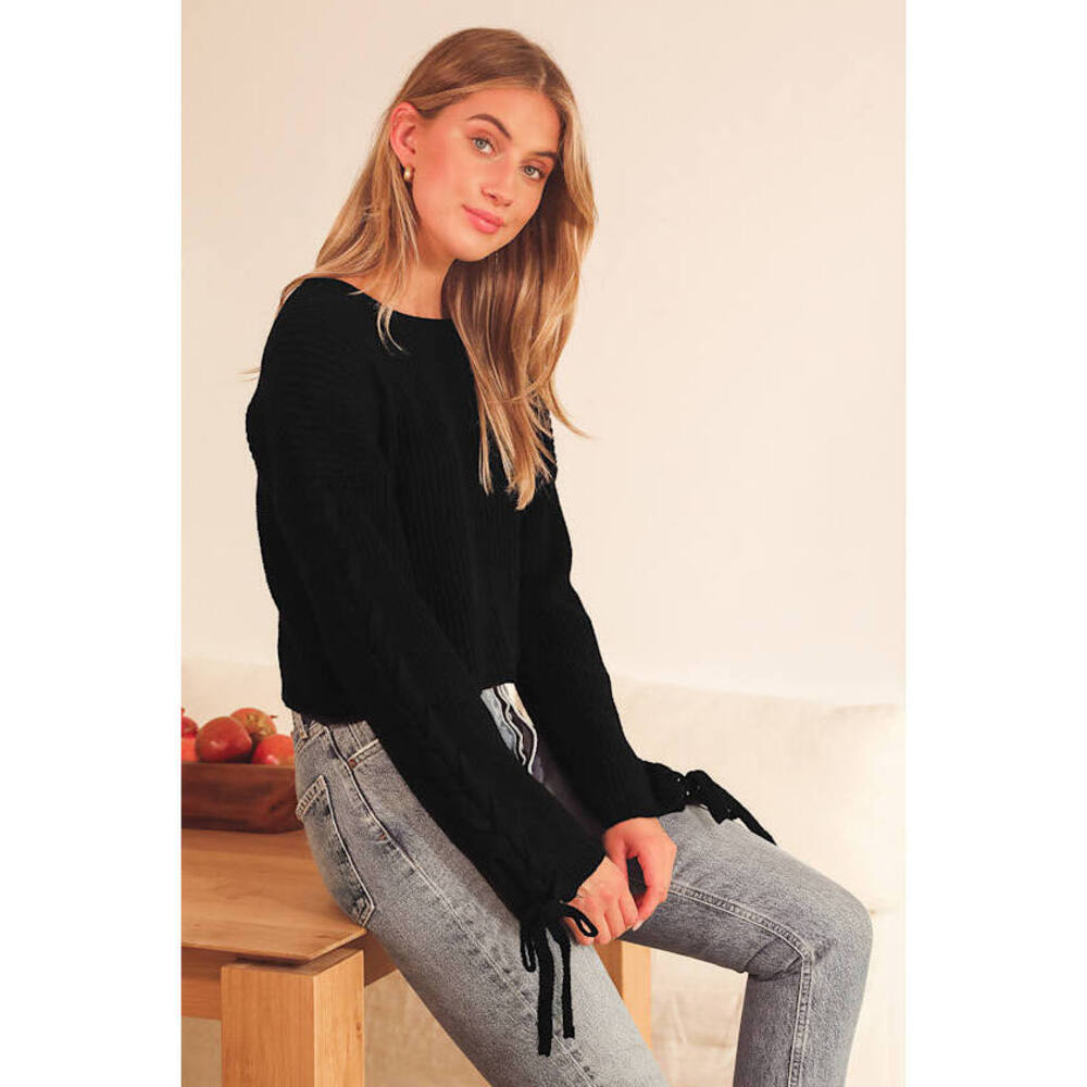 Lulus Cute And Cozy Black Ribbed Knit Lace-up Sleeve Sweater - Size S